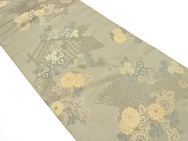 JAPANESE KIMONO / ANTIQUE MARU OBI / SILK / WOVEN KIKU & IVY LEAVES